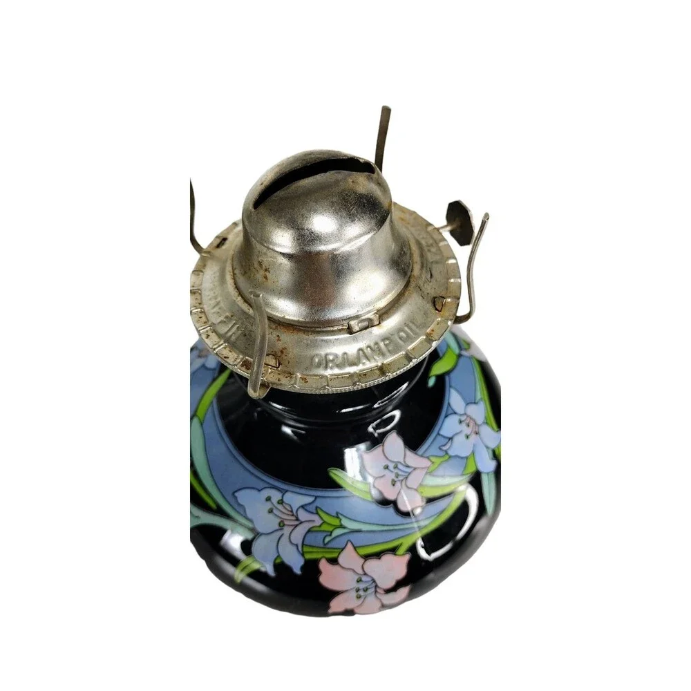 Kaadan LTD 80s Vintage Hand-Painted Black Glass Bamboo Floral Design Oil Lamps